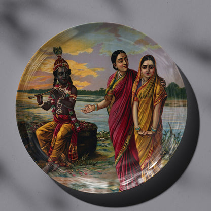 Krishna declaring his love for Radha via a confidante by Ravi Varma Ceramic Plate for Home Decor