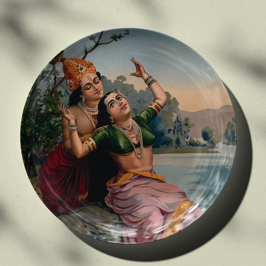 Krishna embracing Radha by Ravi Varma Ceramic Plate for Home Decor