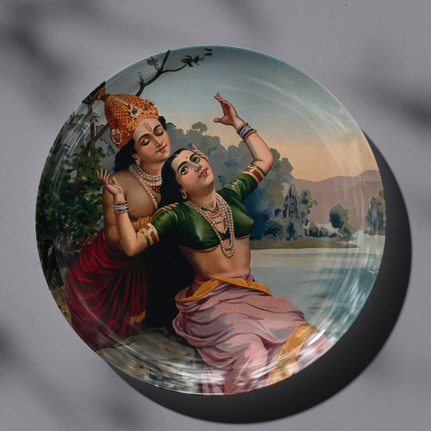 Krishna embracing Radha by Ravi Varma Ceramic Plate for Home Decor