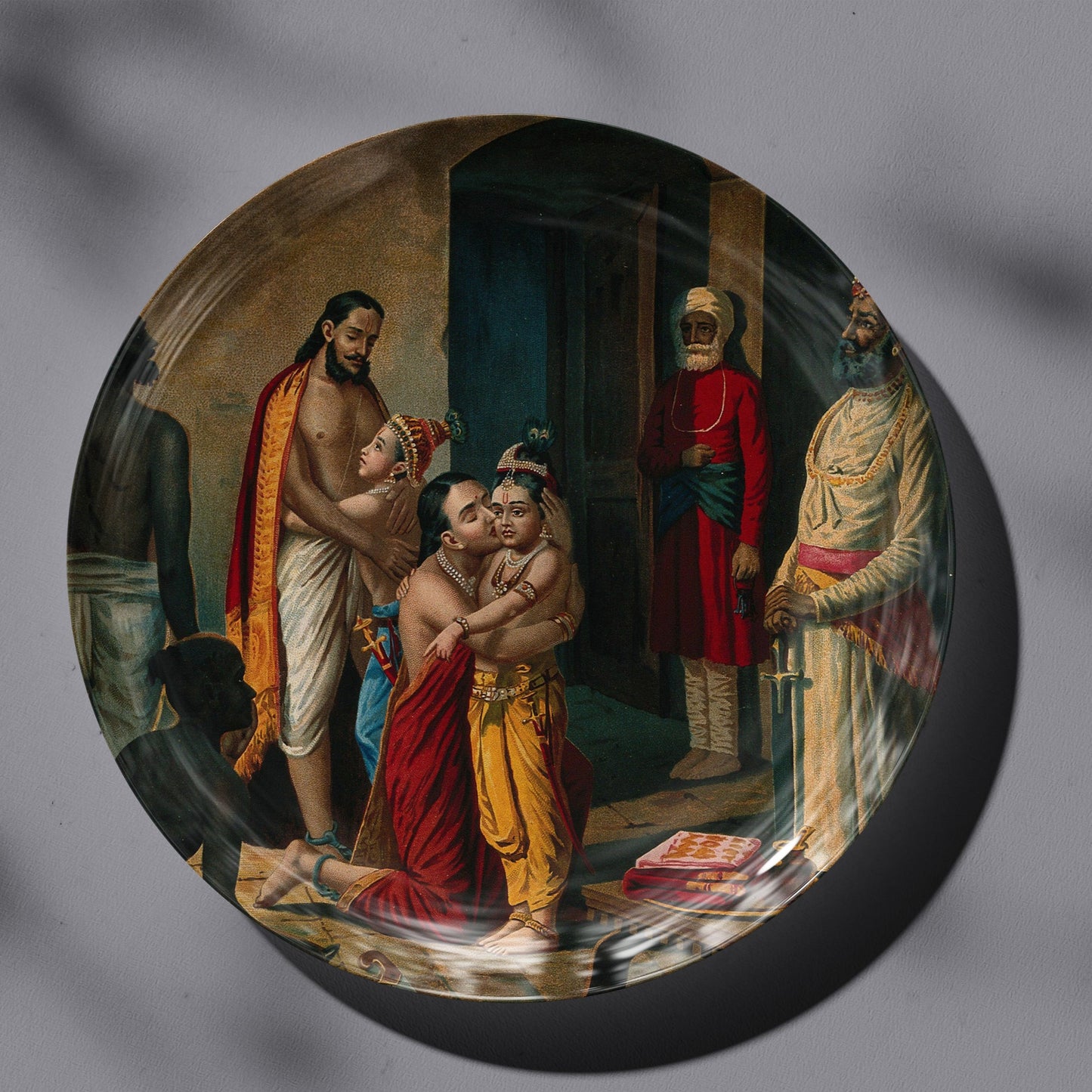 Krishna freeing his parents (Vasudeo and Devki) from prison by Ravi Varma Ceramic Plate for Home Decor