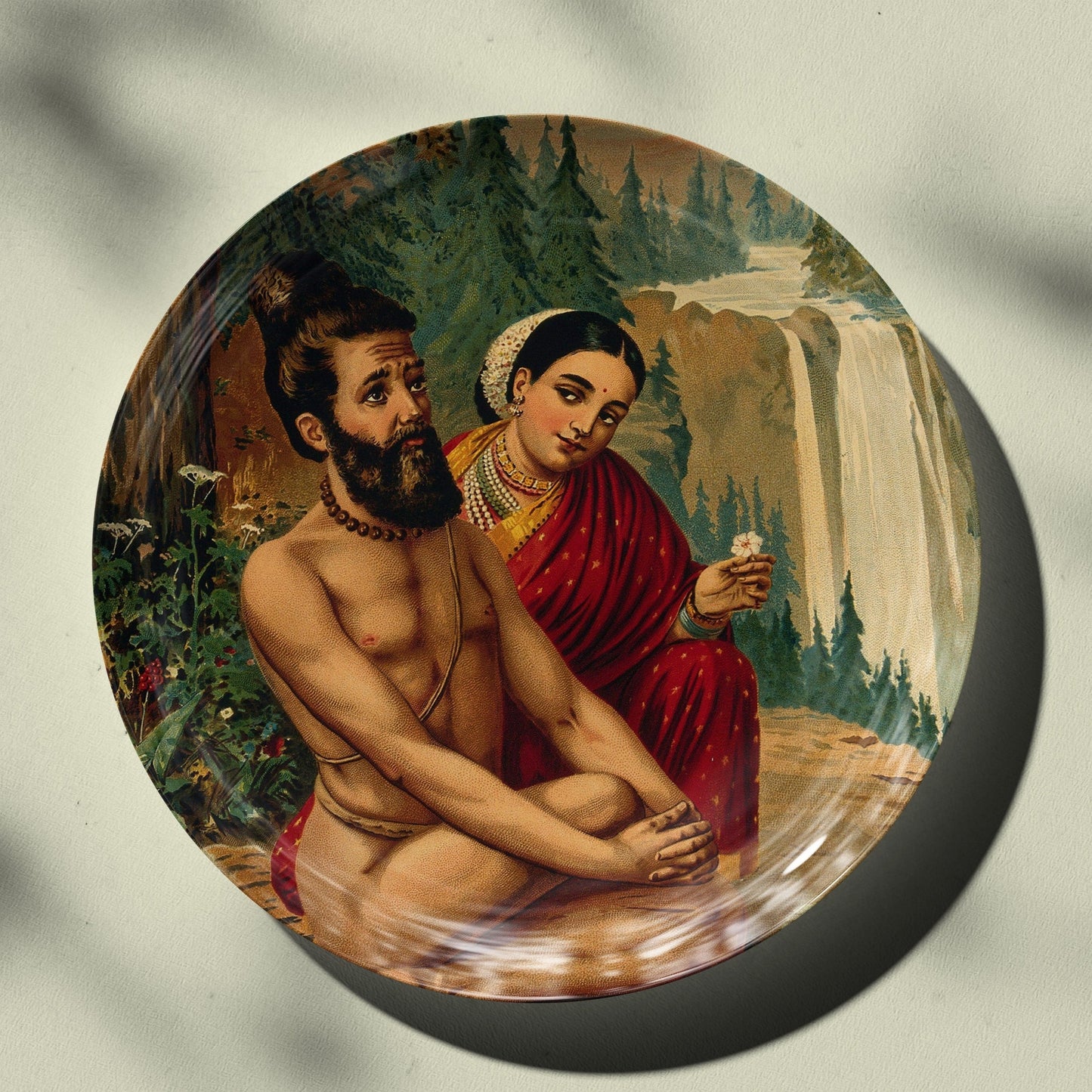 Menaka the nymph tempting the yogi, Vishwamitra by Ravi Varma Ceramic Plate for Home Decor