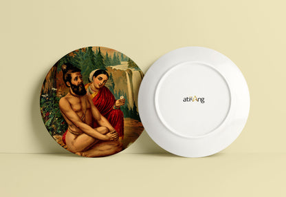 Menaka the nymph tempting the yogi, Vishwamitra by Ravi Varma Ceramic Plate for Home Decor