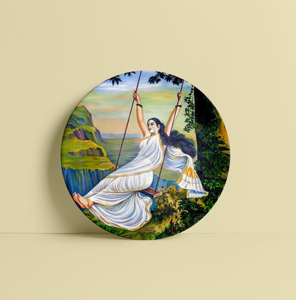 Mohini on the Swing by Ravi Varma Ceramic Plate for Home Decor