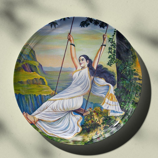 Mohini on the Swing by Ravi Varma Ceramic Plate for Home Decor