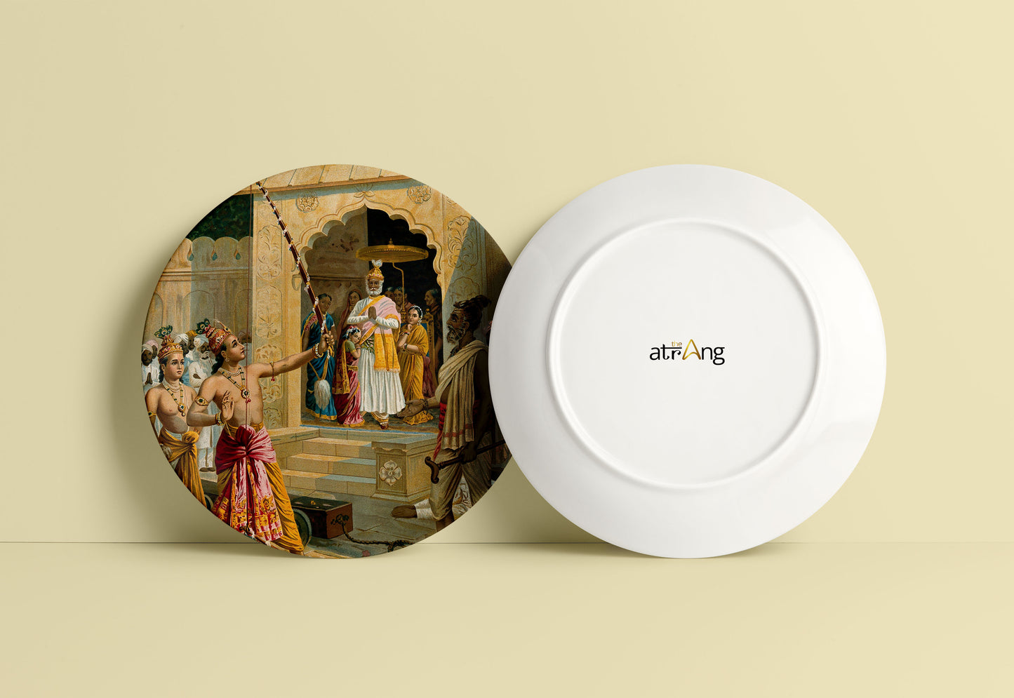 Rama breaks Shiva's bow in order to win the hand of Sita in front of the selection panel by Ravi Varma Ceramic Plate for Home Decor