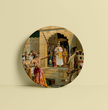 Rama breaks Shiva's bow in order to win the hand of Sita in front of the selection panel by Ravi Varma Ceramic Plate for Home Decor