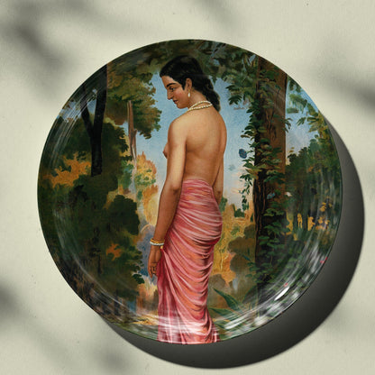 Semi-clothed woman by a river bank called Varini by Ravi Varma Ceramic Plate for Home Decor