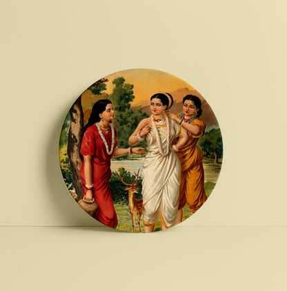 Shakuntala and her friends by Ravi Varma Ceramic Plate for Home Decor