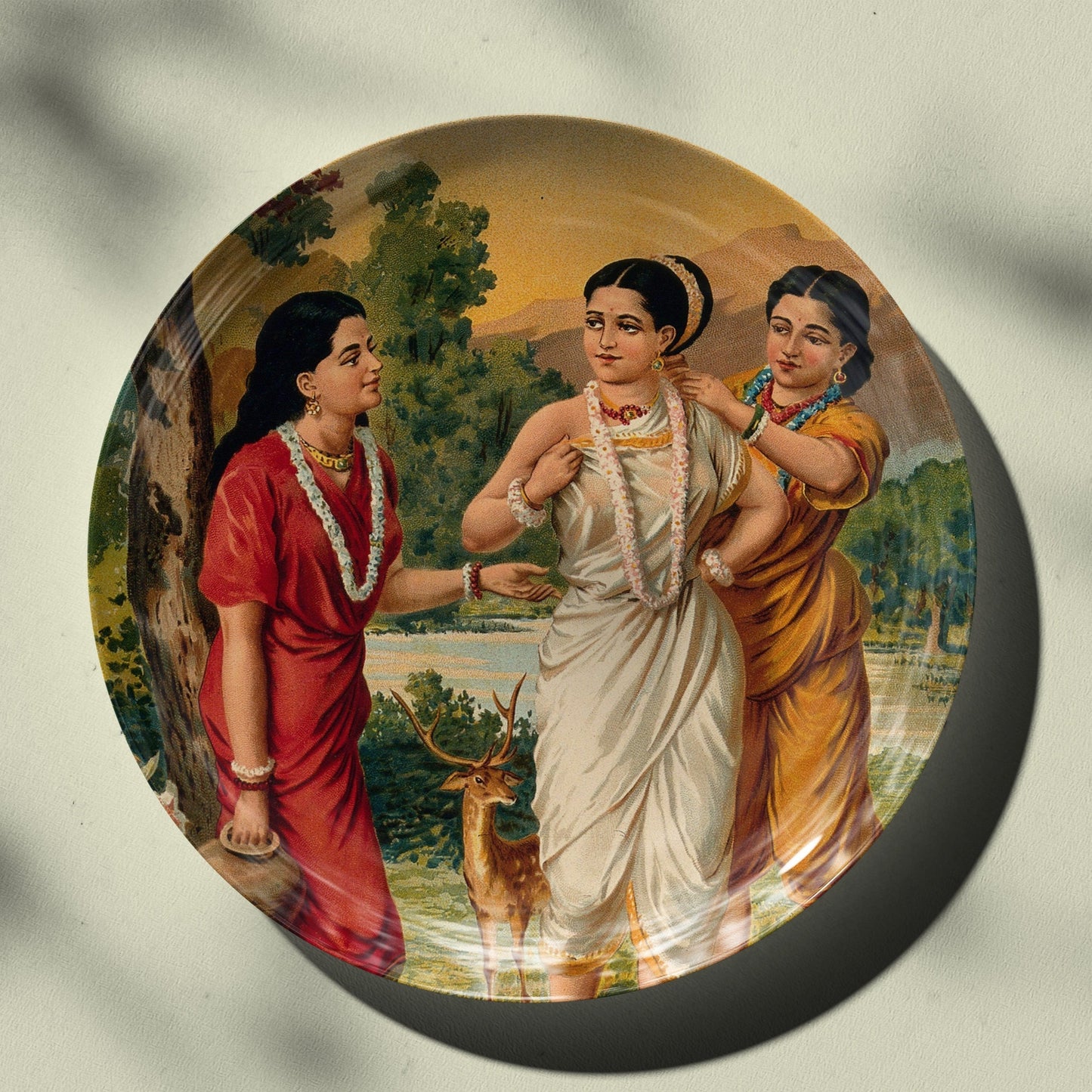 Shakuntala and her friends by Ravi Varma Ceramic Plate for Home Decor