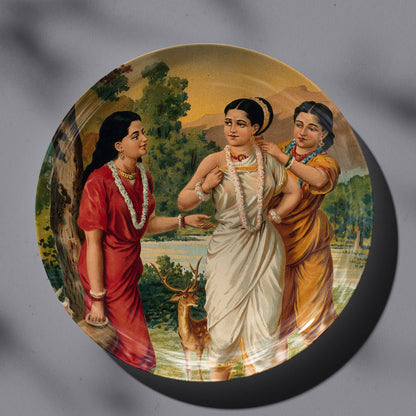 Shakuntala and her friends by Ravi Varma Ceramic Plate for Home Decor