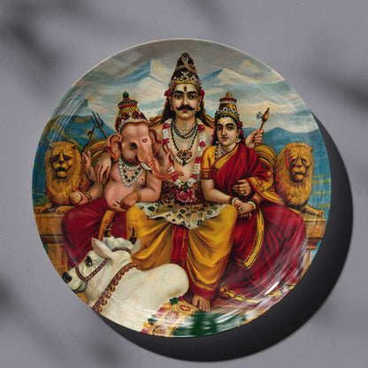 Shiva, Parvati and Ganesha enthroned on Mount Kailas by Ravi Varma Ceramic Plate for Home Decor