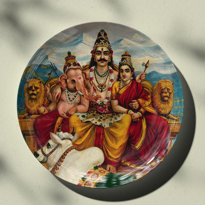 Shiva, Parvati and Ganesha enthroned on Mount Kailas by Ravi Varma Ceramic Plate for Home Decor