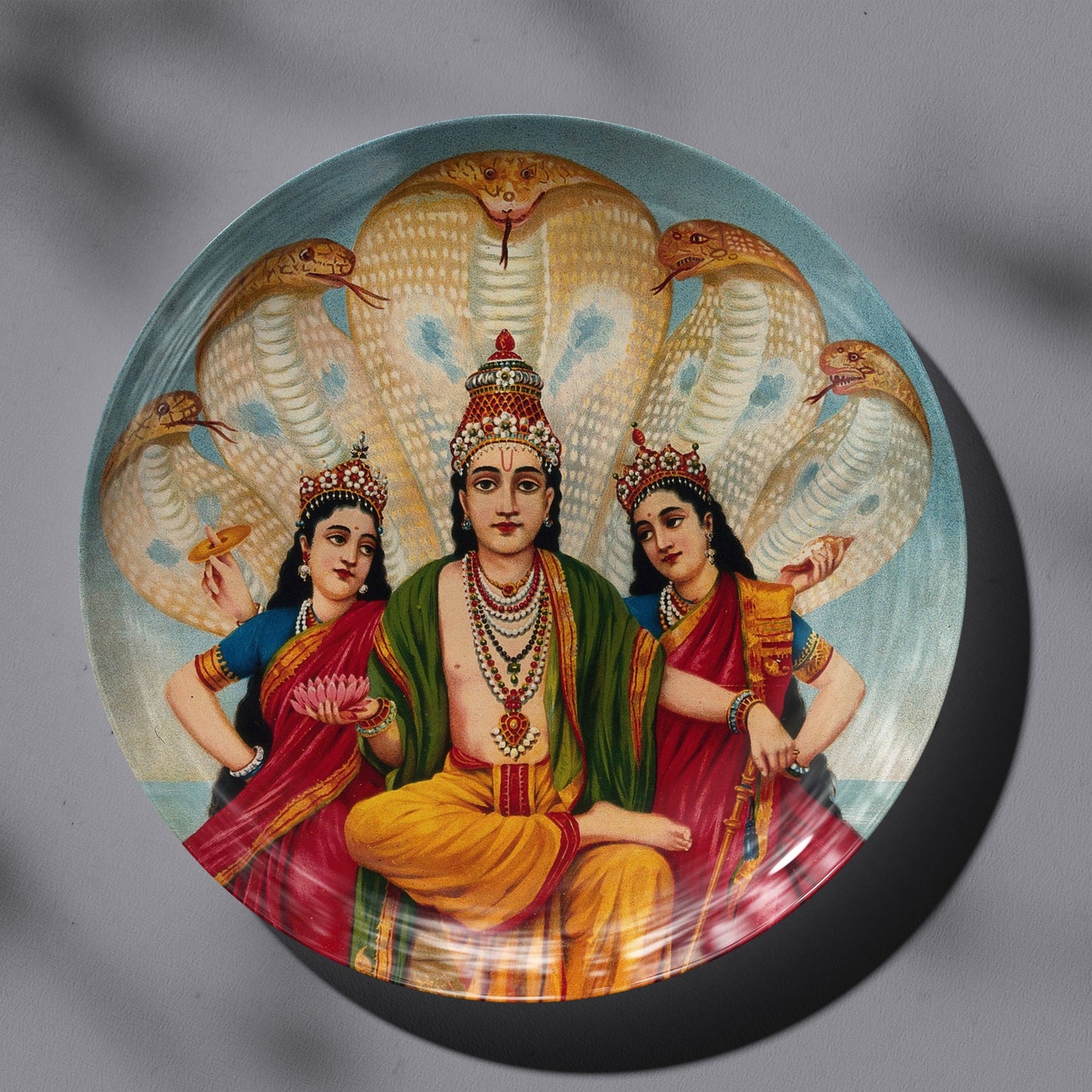 Vishnu flanked by two wives resting on Shesa by Ravi Varma Ceramic Plate for Home Decor