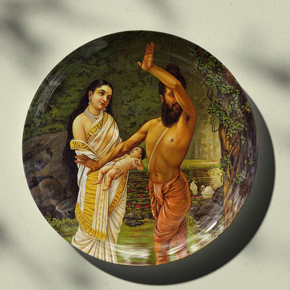 Vishwamitra rejecting his daughter Sakuntala's birth by Ravi Varma Ceramic Plate for Home Decor