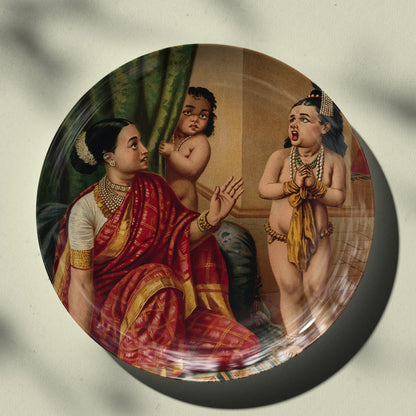 Yasoda glimpses the whole universe inside Krishna's mouth by Ravi Varma Ceramic Plate for Home Decor