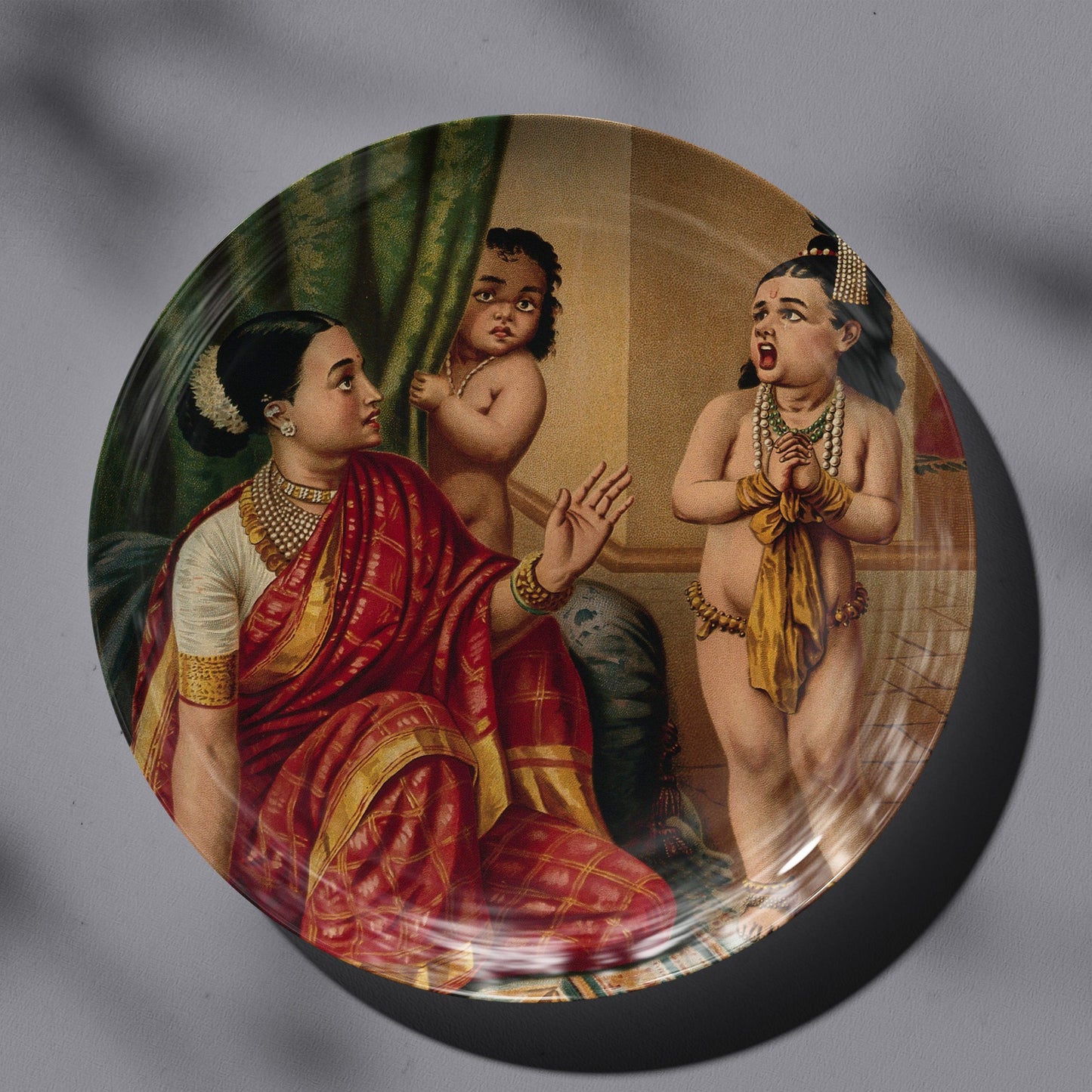 Yasoda glimpses the whole universe inside Krishna's mouth by Ravi Varma Ceramic Plate for Home Decor