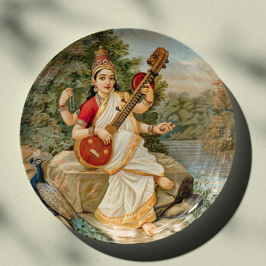 Goddess Saraswati by Ravi Varma ceramic Plate for Home Decor
