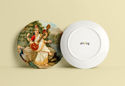 Goddess Saraswati by Ravi Varma ceramic Plate for Home Decor