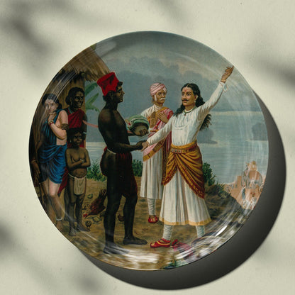 A royal sage tells the father of the fishergirl of their marriage by Ravi Varma Ceramic Plate for Home Decor