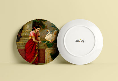 A swan telling Damayanti of Nala's love by Ravi Varma Ceramic Plate for Home Decor