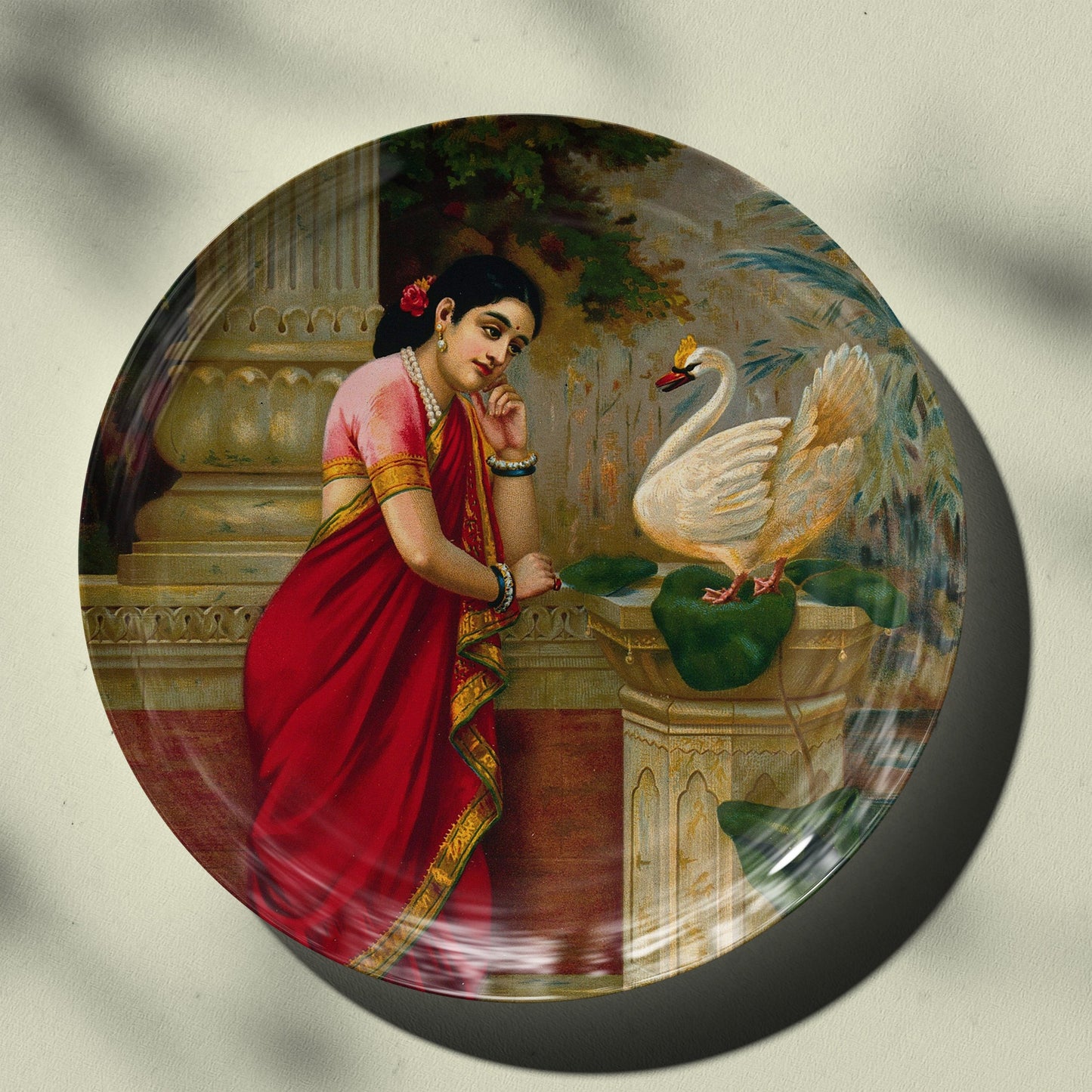 A swan telling Damayanti of Nala's love by Ravi Varma Ceramic Plate for Home Decor