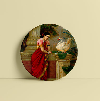 A swan telling Damayanti of Nala's love by Ravi Varma Ceramic Plate for Home Decor