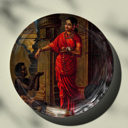 A woman giving alms to a beggar outside a temple to Lord Shiva by Ravi Varma Ceramic Plate for Home Decor