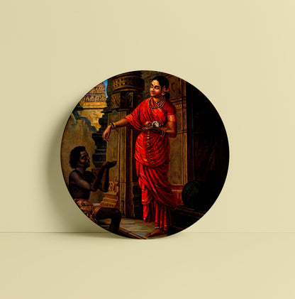 A woman giving alms to a beggar outside a temple to Lord Shiva by Ravi Varma Ceramic Plate for Home Decor