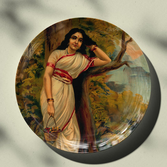 Ahalya leaning on tree by Ravi Varma Ceramic Plate for Home Decor