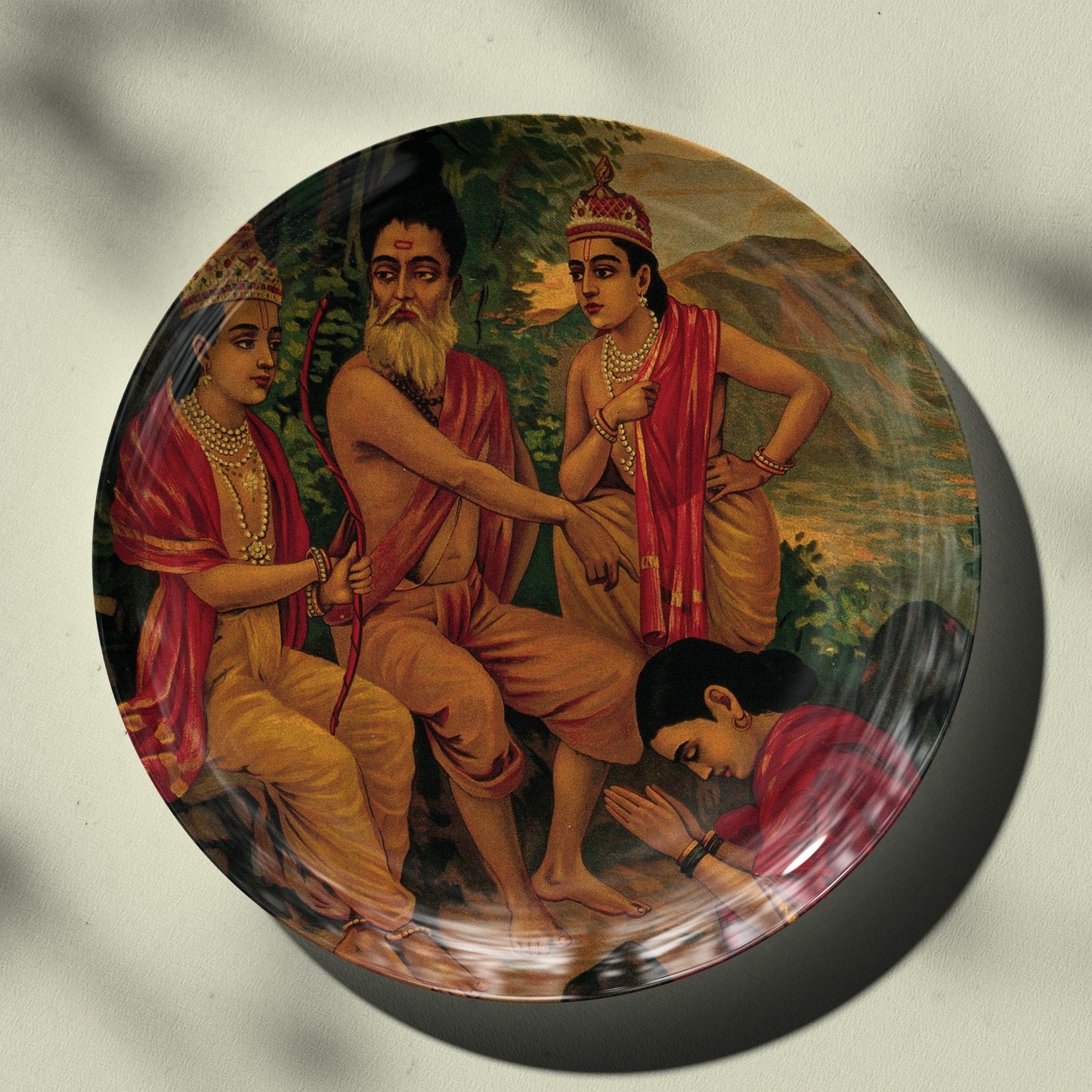 Ahalya the nymph being released from a curse by Rama & Lakshman by Ravi Varma Ceramic Plate for Home Decor