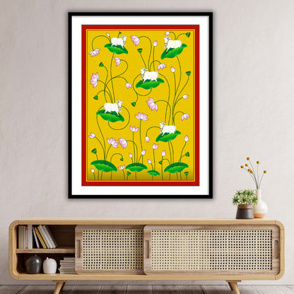 Pichwai Cow on Lotus Leaf | Pichwai Painting | Wall Art for Home decor