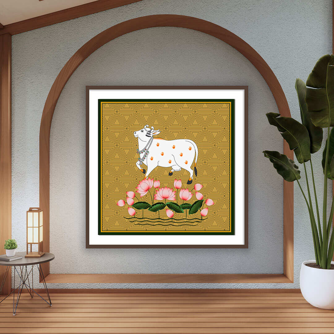 Shri Nath ji Devoted Cow Pichwai Traditional Painting | Indian Pichwai Painting Wall Art for Home Decor