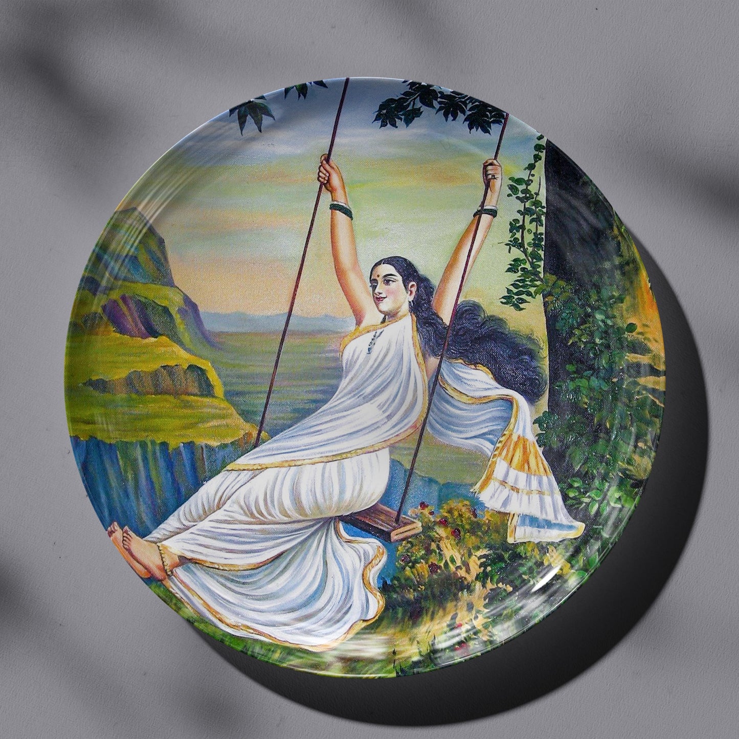 Mohini on the Swing by Ravi Varma Ceramic Plate for Home Decor