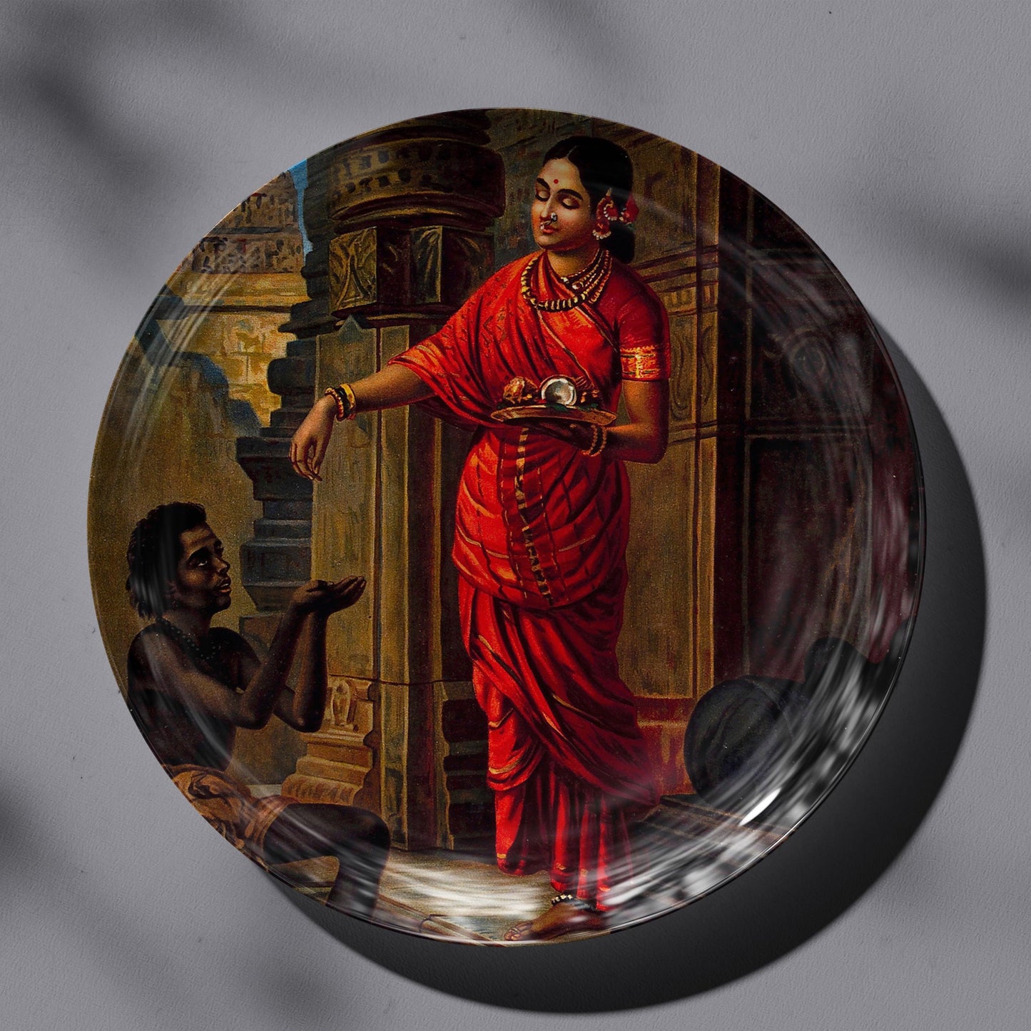 A woman giving alms to a beggar outside a temple to Lord Shiva by Ravi Varma Ceramic Plate for Home Decor