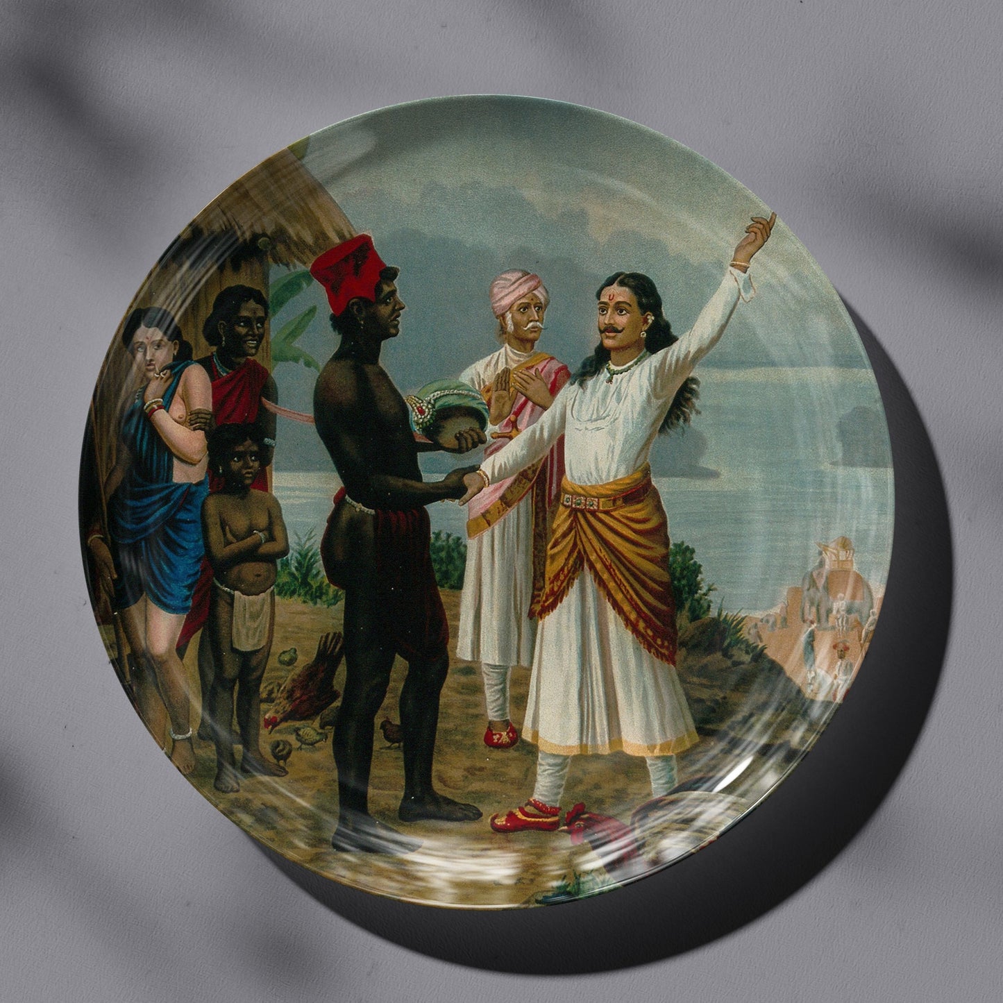 A royal sage tells the father of the fishergirl of their marriage by Ravi Varma Ceramic Plate for Home Decor