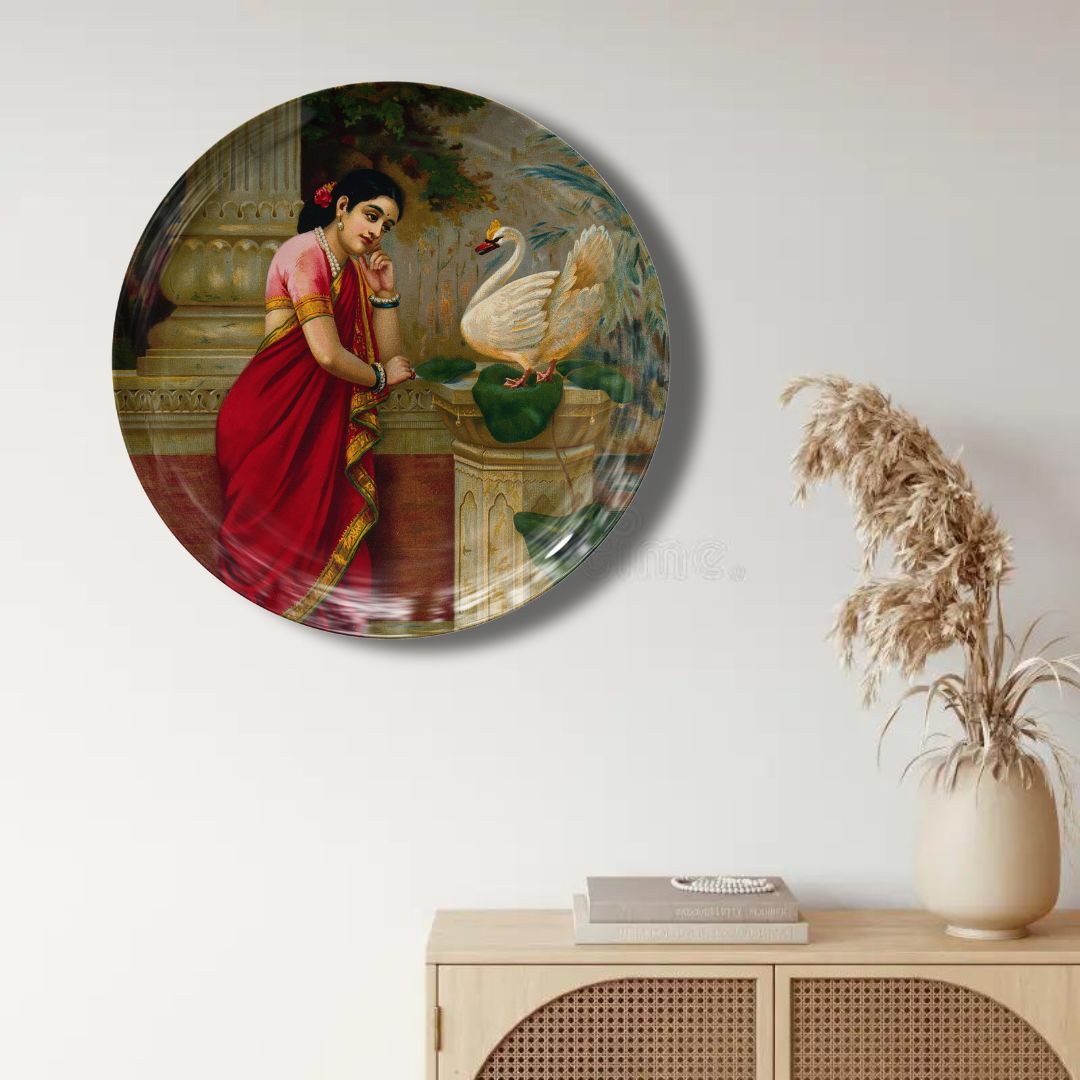 A swan telling Damayanti of Nala's love by Ravi Varma Ceramic Plate for Home Decor