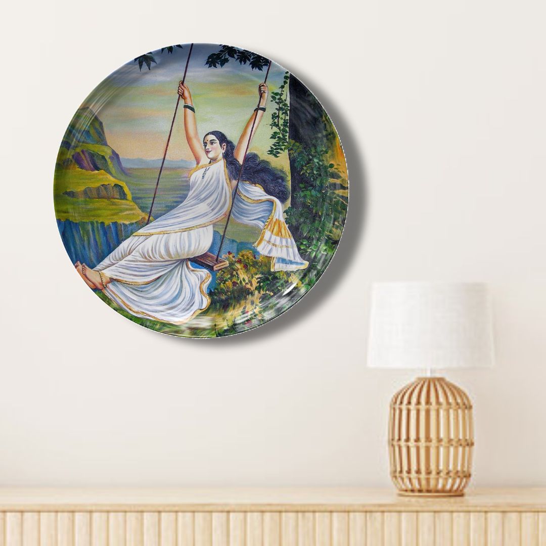 Mohini on the Swing by Ravi Varma Ceramic Plate for Home Decor