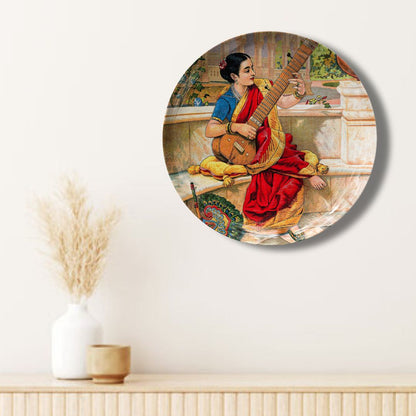 A seated Indian woman plays a sitar next to a garden pond by Ravi Varma Ceramic Plate for Home Decor