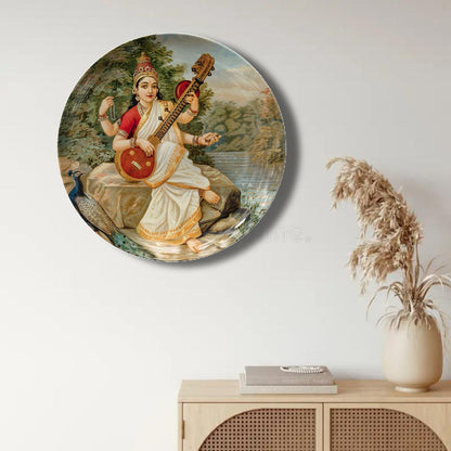Goddess Saraswati by Ravi Varma ceramic Plate for Home Decor