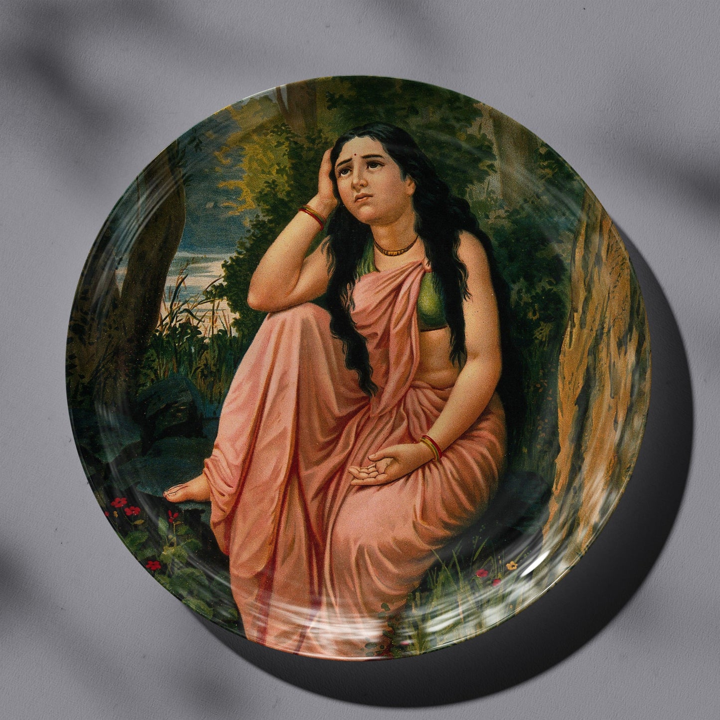 Damayanti deserted in the forest by Ravi Varma Ceramic Plate for Home Decor