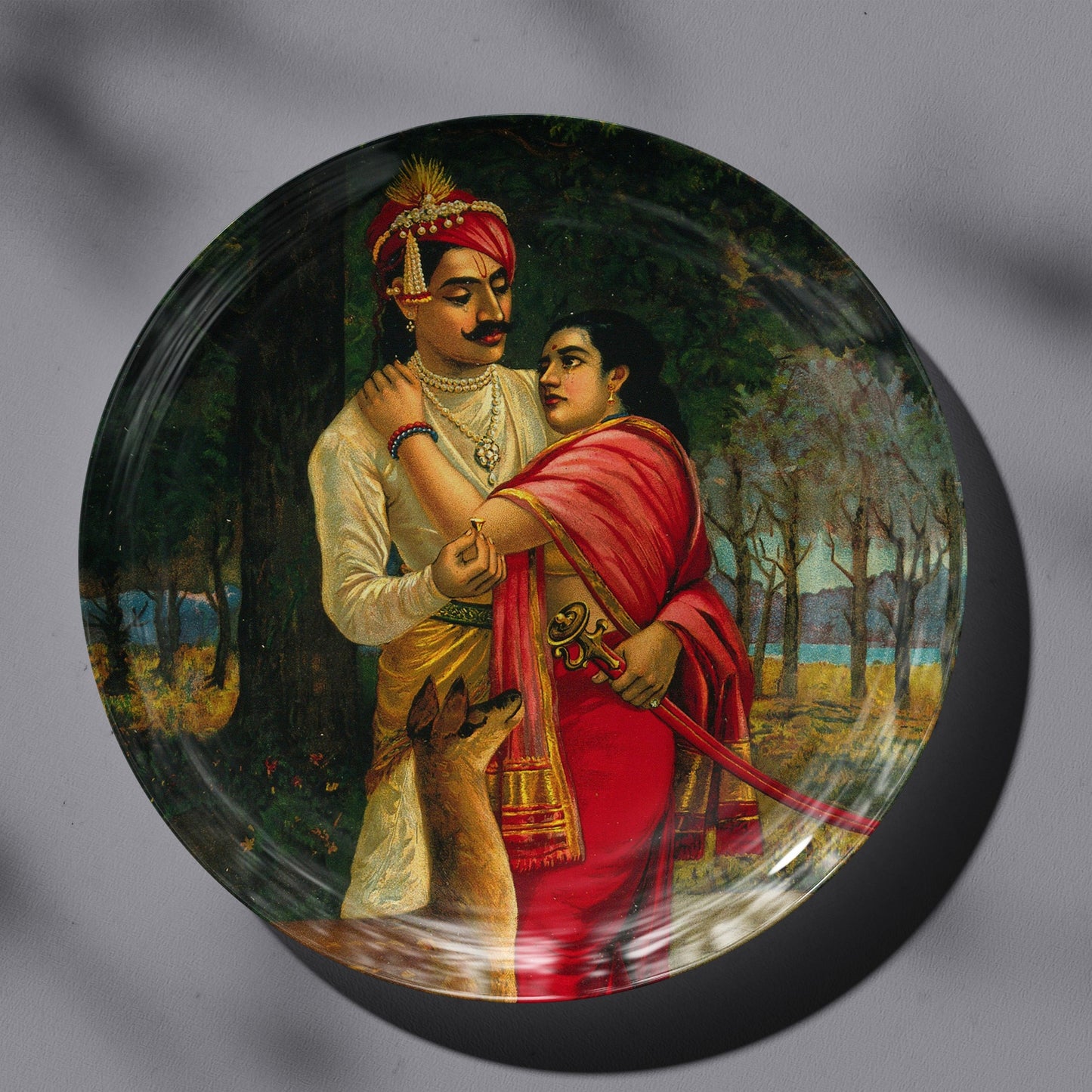 King Dushyanta proposing marriage with a ring to Shakuntala by Ravi Varma Ceramic Plate for Home Decor