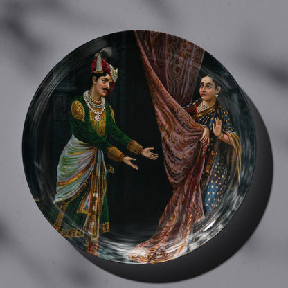 Kichaka making indecent proposals to a frightened Draupadi by Ravi Varma Ceramic Plate for Home Decor