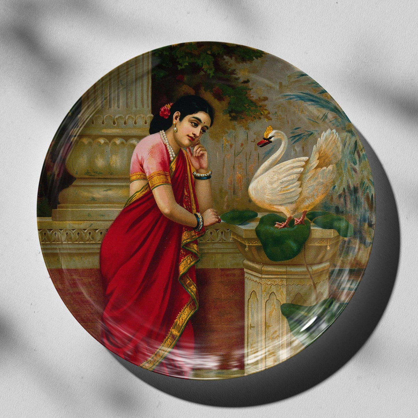 A swan telling Damayanti of Nala's love by Ravi Varma Ceramic Plate for Home Decor