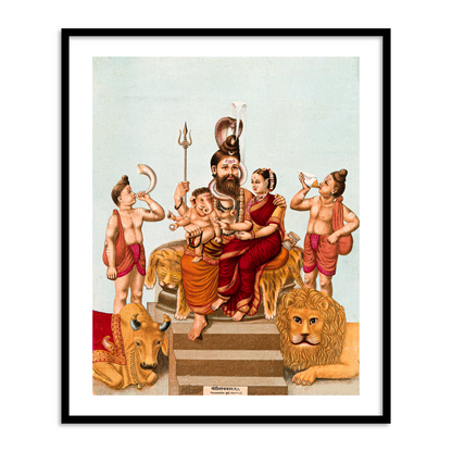 Shiva, Parvati and Ganesha Parivar Framed Wall Art Painting for Home Decor