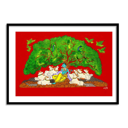 Krishna Playing Flute under a Tree | Pichwai Indian Framed Wall Art