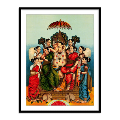 Ganesha and his Two Wives, Siddhi and Buddhi Framed wall art paintings