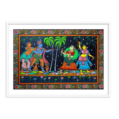 The Krishna Playing Holi with Gopiya Pattachitra Painting Framed Wall Art