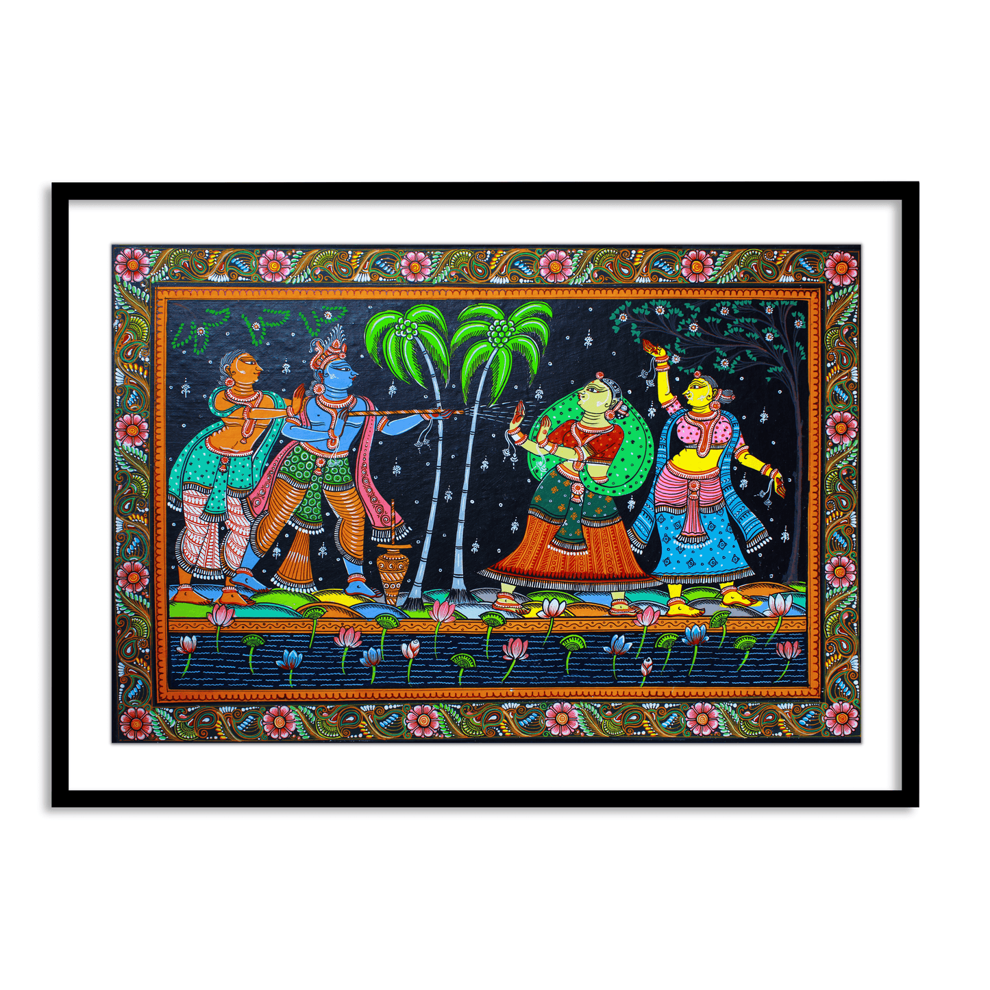 The Krishna Playing Holi with Gopiya Pattachitra Painting Framed Wall Art