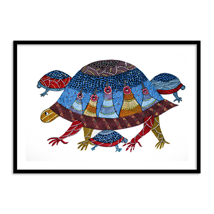 Gond Painting | Multicolor Lucky Turtle Artwork for a Home Paintings Framed Wall Art
