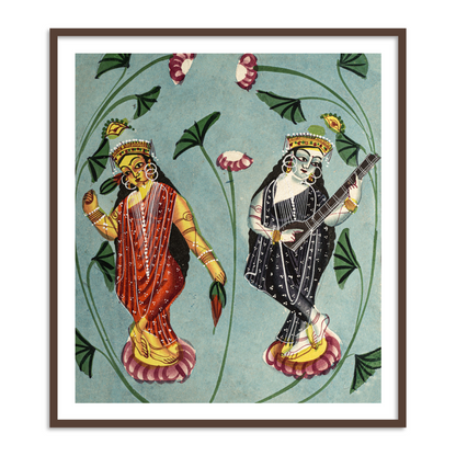 Goddess Laxmi & Saraswati standing on separate Lotus Leaves Kalighat Painting Framed Wall Art